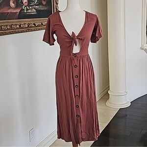 Mimi Chica Terracota Tie Front Buttoned Midi Flutter Sleeve Sundress Size Small
